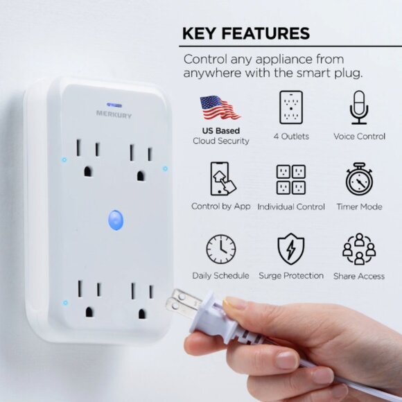 Merkury Innovations Smart 4-Outlet Wall Extender, Wi-Fi Enabled Works with Alexa - Picture 2 of 8